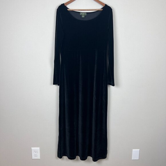 Eddie Bauer Maxi Dress Women Medium Black Velvet Empire Waist Long Sleeve Modest - Picture 1 of 14